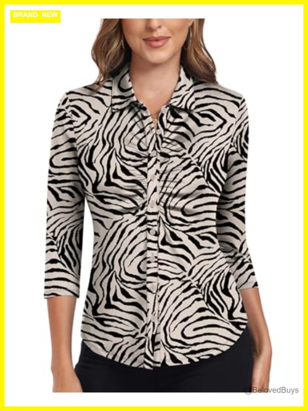 Womens 3/4 Sleeve Golf Polo Shirt Ruched Front V-Neck Button Down Work Tunic Top